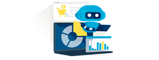 roboter mit laptop und statistik-grafiken