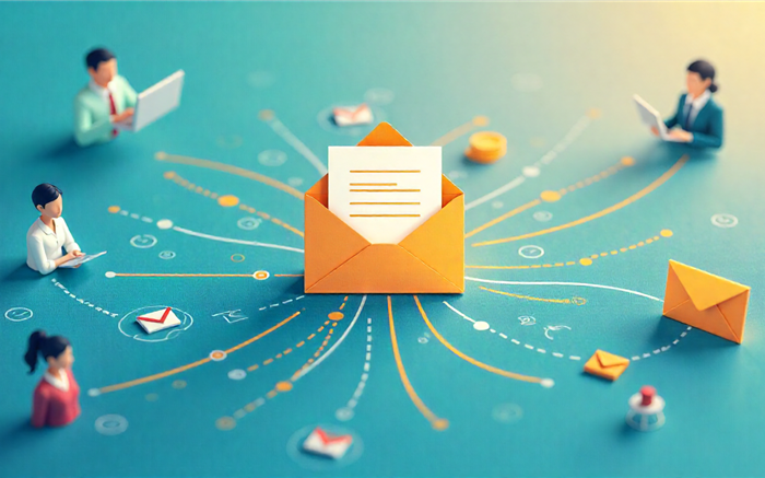 Gelbes Briefkuvert welches die Netzwerkverbindungen durch Email-Marketing zwischen den verschiedenen Personen darstellen soll