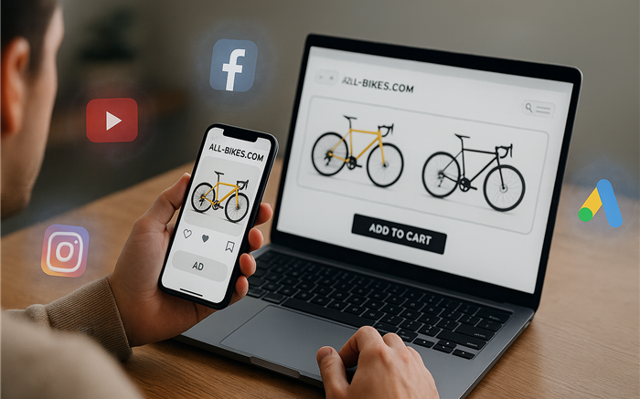 Mockup di smartphone e laptop con 2 ruote diverse per rappresentare il confronto tra Google Ads e Social Media Ads