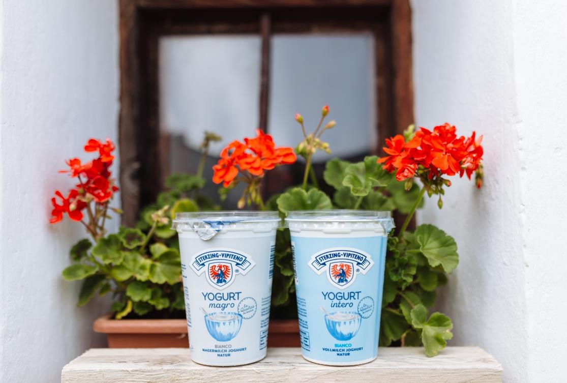 2 vasetti di yogurt naturale sul davanzale della finestra, con fiori rossi sullo sfondo - Latteria Vipiteno